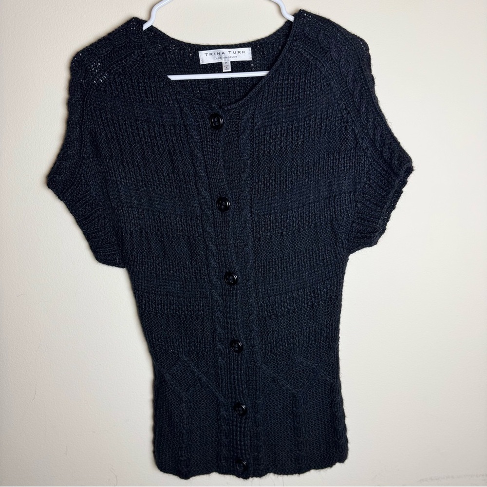 Trina Turk Black Button-Up‎ Cardigan Size P Short Sleeves